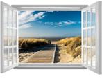 Raam strand fotobehang loopplank, 3D behang, strand behang, Huis en Inrichting, Stoffering | Behang, Minder dan 10 m², Ophalen of Verzenden