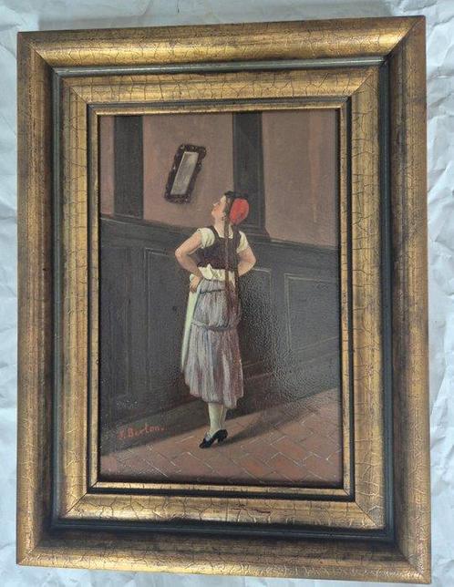 J. Berton (XIX-XX) - Meisje voor de spiegel, Antiek en Kunst, Kunst | Schilderijen | Klassiek