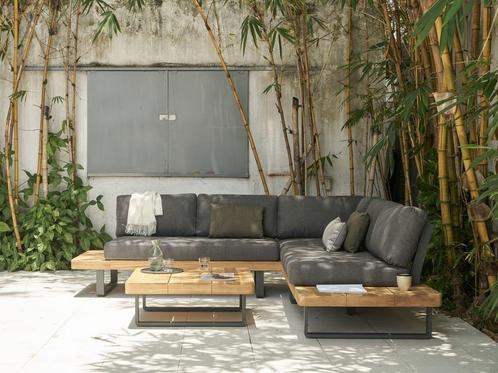 Fabriano Aluminium Loungeset Hoekbank Teakhout SHOWROOMMODEL, Tuin en Terras, Tuinsets en Loungesets, Bank, Bijzettafel, 5 zitplaatsen