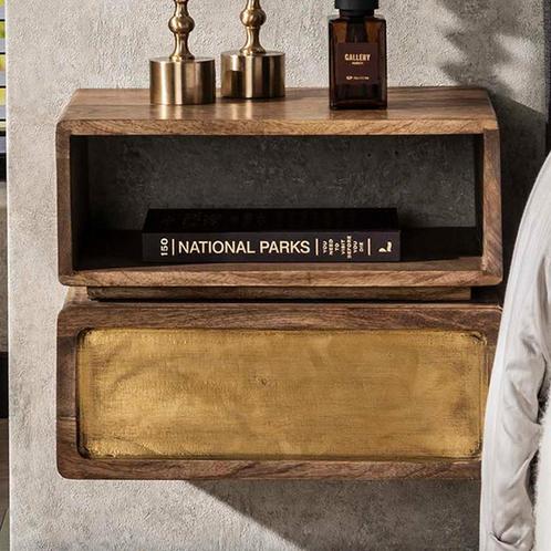*WOONWINKEL* Zwevend Nachtkastje Hout En Goud, Huis en Inrichting, Slaapkamer | Nachtkastjes, Nieuw, Verzenden