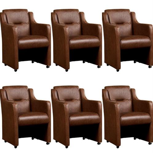 Set van 6 Bruine leren landelijke eetkamerfauteuils - Vintag, Huis en Inrichting, Stoelen, Vijf, Zes of meer stoelen, Overige kleuren