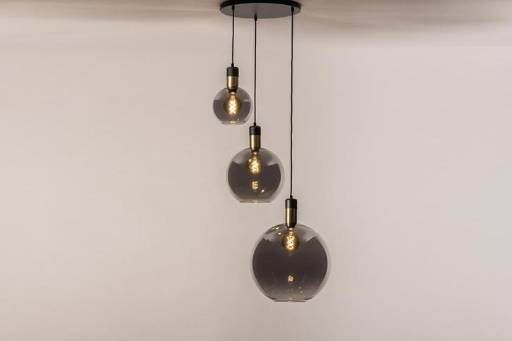 Rietveld Hanglampen - Zwart, Grijs, Goud - Glas, Metaal, Huis en Inrichting, Lampen | Hanglampen, Verzenden