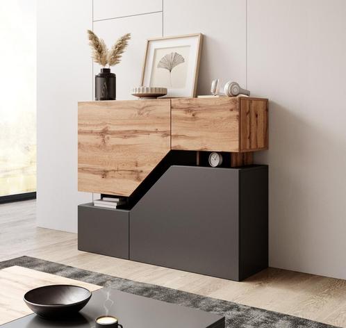 Meubella | Dressoir Antraciet Eiken 120x35x100 opbergkast, Huis en Inrichting, Kasten | Dressoirs, 25 tot 50 cm, Nieuw, 100 tot 150 cm