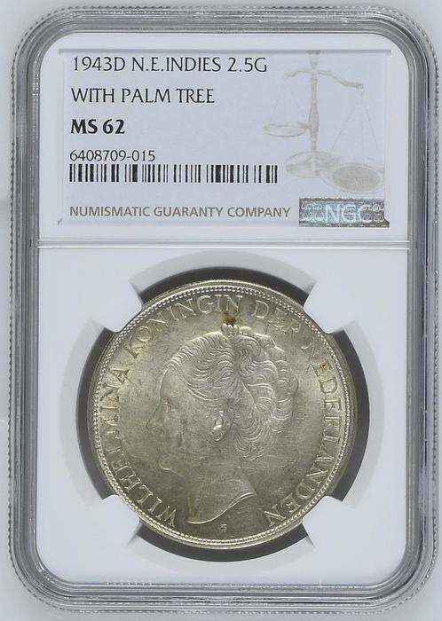 Koningin Wilhelmina 2 1/2 gulden 1943 Denver MS62 NGC, Postzegels en Munten, Munten | Nederland, Losse munt, Koningin Wilhelmina