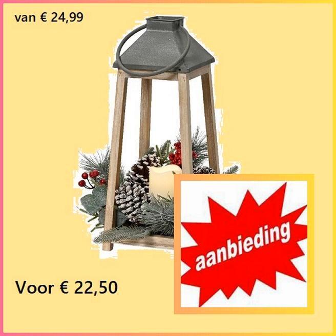 Lumineo LED lantaarn vurenhout met wax kaars en kerststukje, Diversen, Kerst, Nieuw, Verzenden