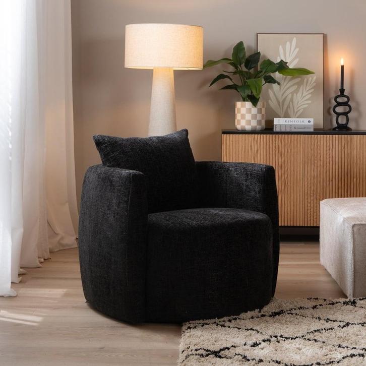 40% Korting: Fauteuil Ruby chenille stof zwart, Huis en Inrichting, Fauteuils, Zo goed als nieuw, Stof, Ophalen
