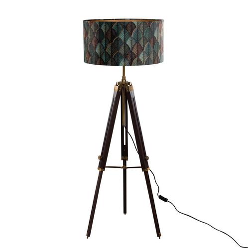 Vloerlamp messing tripod met velours lampenkap blad dessin, Huis en Inrichting, Lampen | Vloerlampen, Nieuw, Overige materialen
