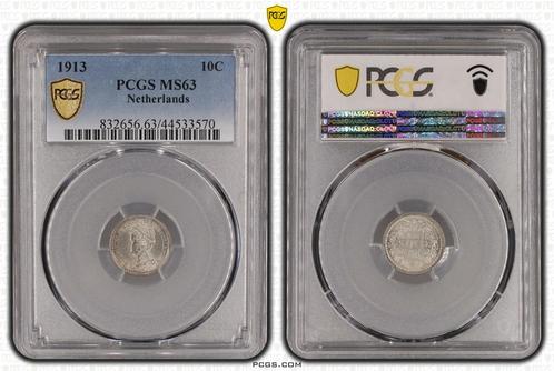 Koningin Wilhelmina 10 cent 1913 PCGS MS63 gecertificeerd, Postzegels en Munten, Munten | Nederland, Losse munt, Zilver, Verzenden