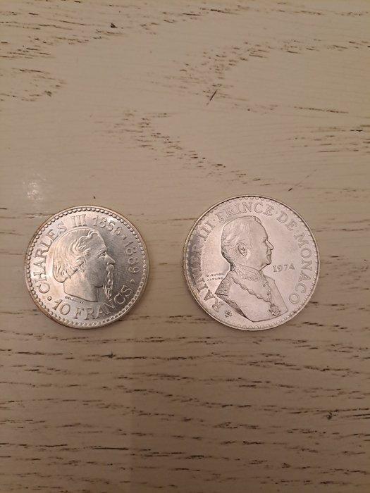 Monaco. 10 Francs 1966 & 50 Francs 1974 (lot de 2 monnaies), Postzegels en Munten, Munten | Europa | Euromunten