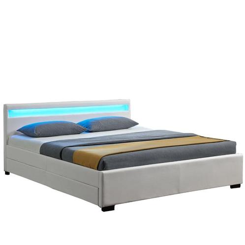 Gestoffeerd bed Lyon - 140 x 200 cm - Wit - LED & BedLades, Huis en Inrichting, Slaapkamer | Bedden, 140 cm, 200 cm, Wit, Tweepersoons