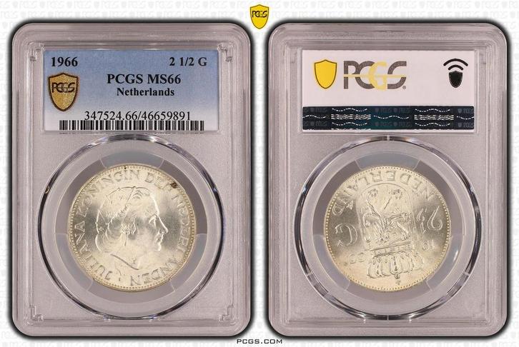 Koningin Juliana zilveren 2 1/2 gulden 1966 MS66 PCGS, Postzegels en Munten, Munten | Nederland, Losse munt, Koningin Juliana