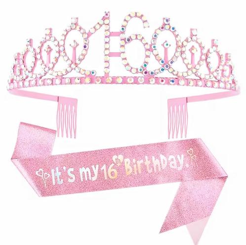 Its my 16 Birthday set met diadeem en sjerp deLuxe, Hobby en Vrije tijd, Feestartikelen, Verjaardag, Nieuw, Versiering, Verzenden