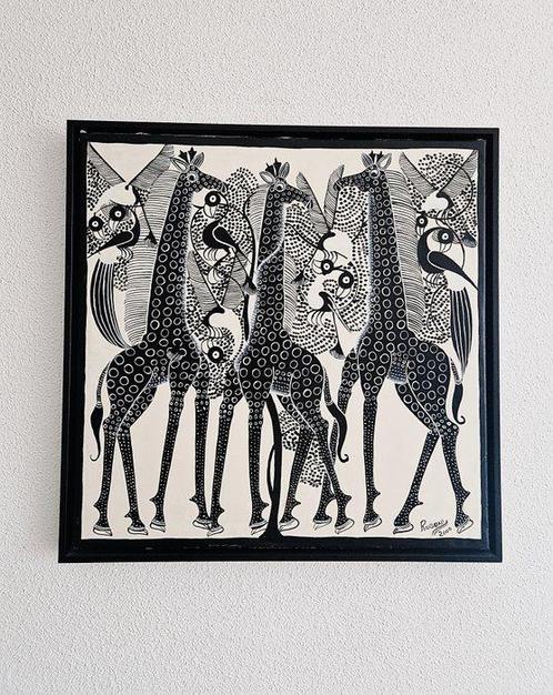 Rubuni Rashidi (1969) - Giraffes and Puffin birds, Antiek en Kunst, Kunst | Schilderijen | Modern