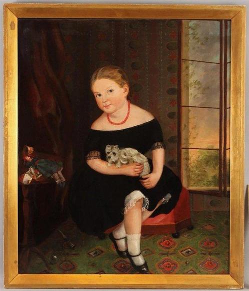 Europese school (XIX) - Portrait of a Girl Holding a Dog, Antiek en Kunst, Kunst | Schilderijen | Klassiek