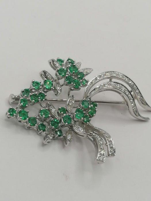 Broche - 18 karaat Witgoud Smaragd - Diamant, Sieraden, Tassen en Uiterlijk, Antieke sieraden
