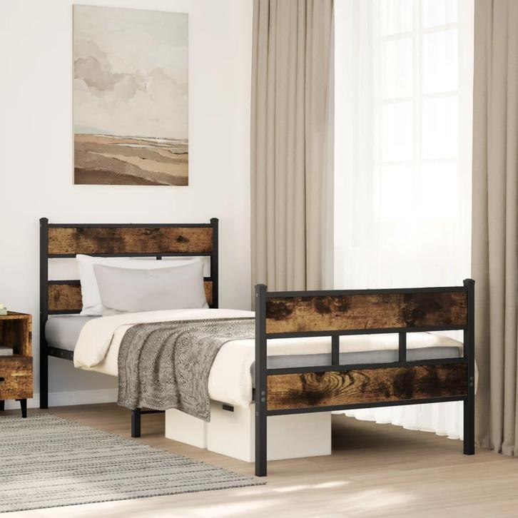 vidaXL Bedframe zonder matras metaal gerookt eikenkleurig, Huis en Inrichting, Slaapkamer | Bedden, 80 cm, 200 cm, Bruin, Eenpersoons