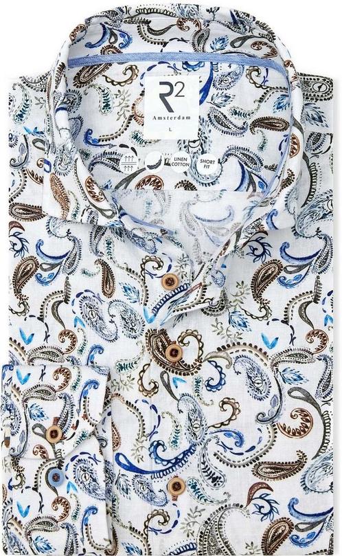R2 Linnenblend Overhemd Paisley Wit maat M Heren, Kleding | Heren, Overhemden, Wit, Nieuw, Verzenden