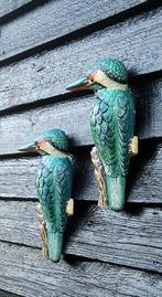 Beeld, kleurrijke wanddeco ijsvogels - 27 cm - gietijzer
