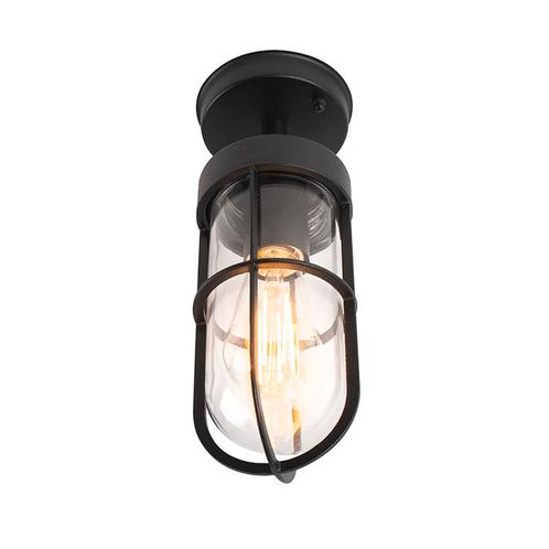 Landelijke buitenplafondlamp zwart met glas IP44 - Elza, Tuin en Terras, Buitenverlichting, Nieuw, Minder dan 50 watt