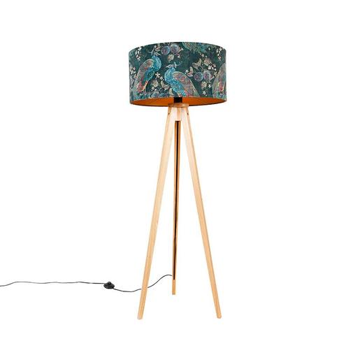 Moderne vloerlamp hout stoffen kap pauw 50 cm - Tripod, Huis en Inrichting, Lampen | Vloerlampen, Nieuw, Overige materialen, 100 tot 150 cm