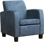 Blauwe leren landelijke fauteuil - poot hout bruin - Kenia L, Nieuw, Ophalen of Verzenden, Landelijk, 50 tot 75 cm