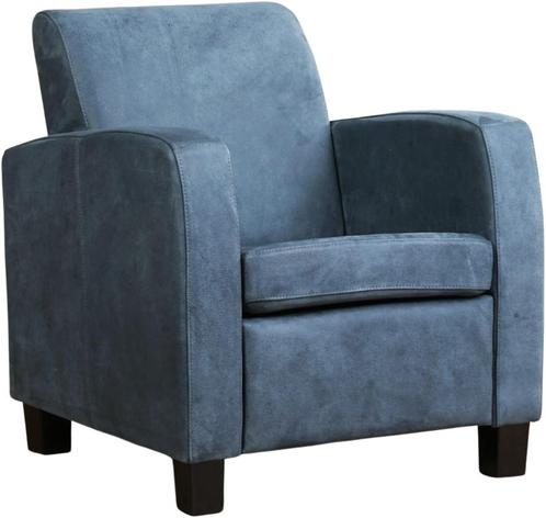 Blauwe leren landelijke fauteuil - poot hout bruin - Kenia L, Huis en Inrichting, Fauteuils, 50 tot 75 cm, 75 tot 100 cm, Nieuw