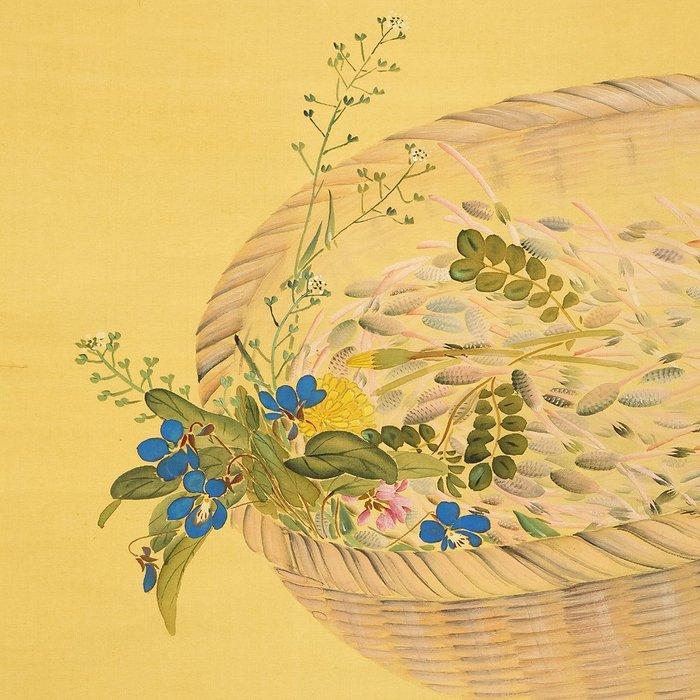 Picking Spring Wild Greens and Flowers in Basket with, Antiek en Kunst, Antiek | Overige Antiek