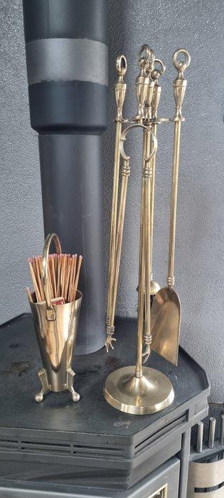 Openhaard accessoire (6) - Koper - haardstel met lucifer kan, Antiek en Kunst, Antiek | Overige Antiek