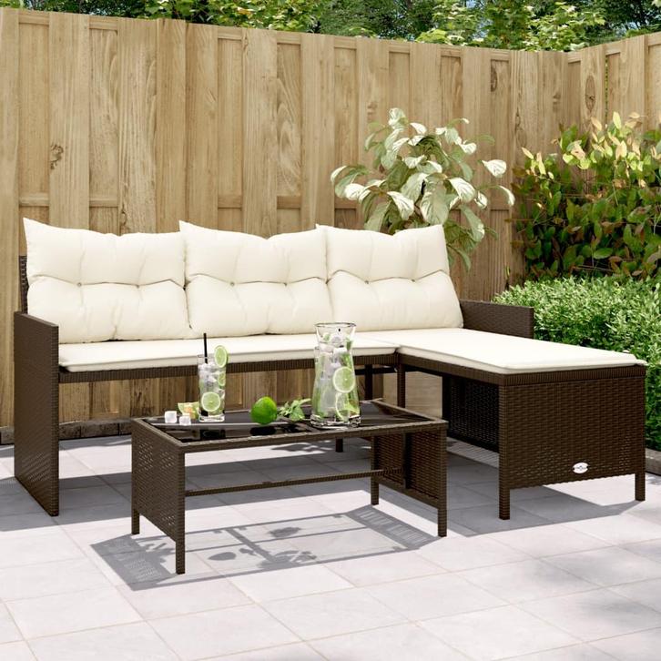 vidaXL Tuinbank met tafel en kussens L-vormig poly rattan, Tuin en Terras, Tuinsets en Loungesets, Nieuw, Rotan, Verzenden