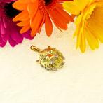 18 Krt. Gouden hanger van een tijgerkop met groene zirconia, Sieraden, Tassen en Uiterlijk, Broches, Gebruikt, Overige kleuren