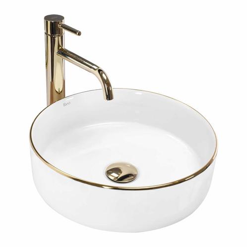REA Ronde opzetwastafel - Glans wit met gouden rand - Ø 3.., Doe-het-zelf en Verbouw, Sanitair, Nieuw, Ophalen of Verzenden