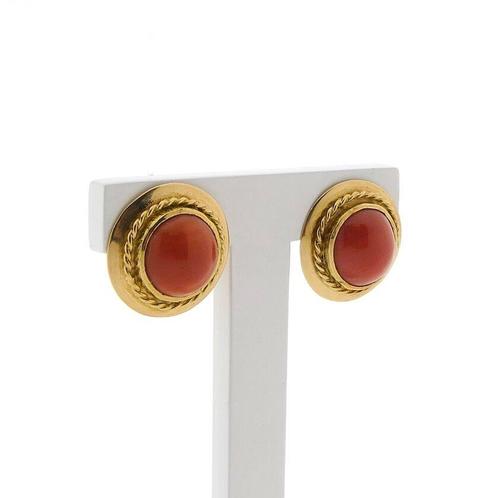 Gouden oorclips met bloedkoraal (vintage, rouw sieraden), Sieraden, Tassen en Uiterlijk, Oorbellen, Overige kleuren, Gebruikt