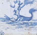 Tegel - Antieke Delfts blauwe tegels met een zeewezen,, Antiek en Kunst