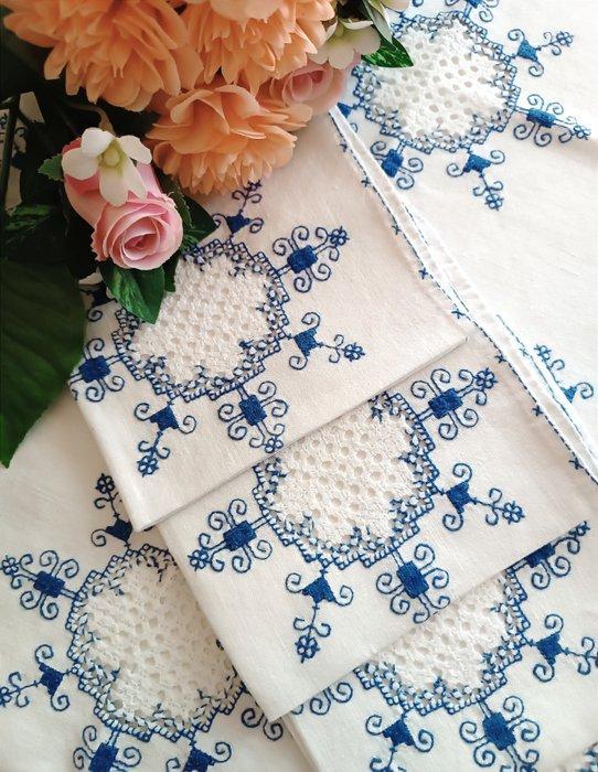 tovaglia lino ricamata pregiato corredo sposa + 9 tovaglioli, Antiek en Kunst, Antiek | Kleden en Textiel