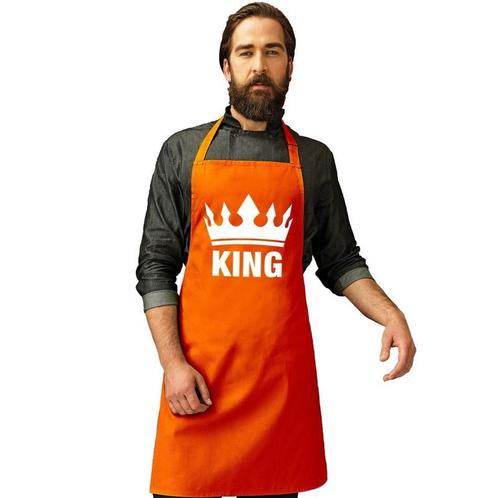 Oranje BBQ King schort/ keukenschort met kroon heren - Ove.., Huis en Inrichting, Keuken | Textiel, Ophalen of Verzenden