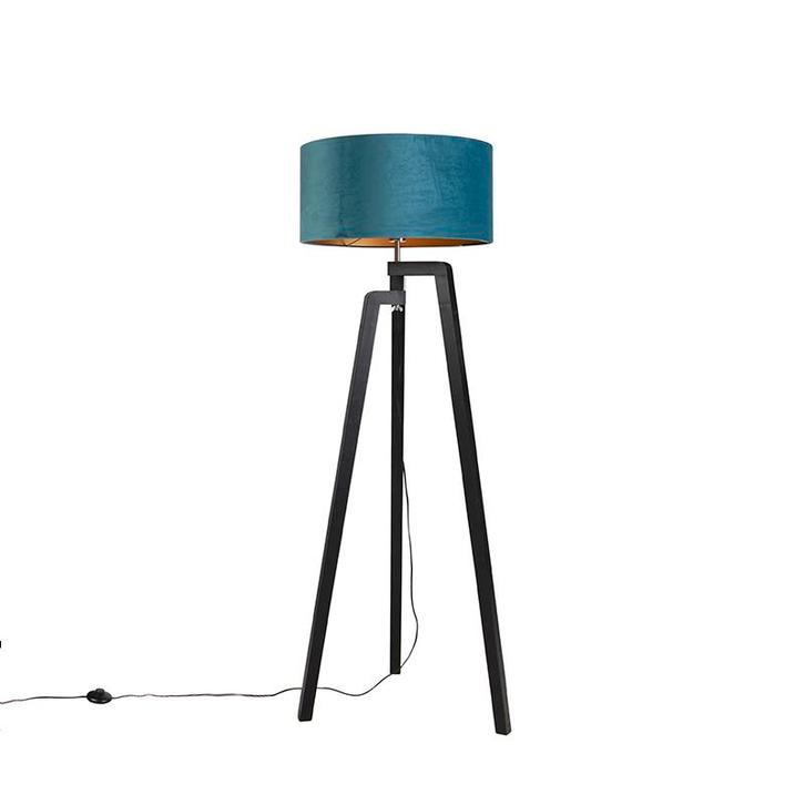 Vloerlamp tripod zwart met blauwe kap en goud 50 cm - Puros, Huis en Inrichting, Lampen | Vloerlampen, Nieuw, Overige materialen