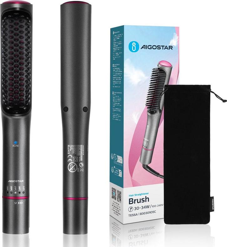 Stijltang - Stijlborstel - 2 in 1 - Zwart - Aigostar, Sieraden, Tassen en Uiterlijk, Uiterlijk | Haarverzorging, Zo goed als nieuw