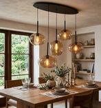 Eyecatcher: Ovale Eettafellamp 5-Lichts – Bruin Glas – Zwart, Modern-Chique, Nieuw, Ophalen of Verzenden, Glas