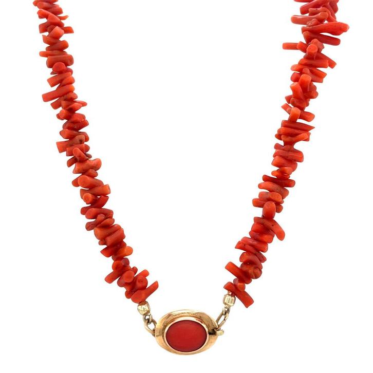 Vintage bloedkoraal collier met gouden sluiting 14 krt, Sieraden, Tassen en Uiterlijk, Kettingen, Nieuw, Ophalen of Verzenden