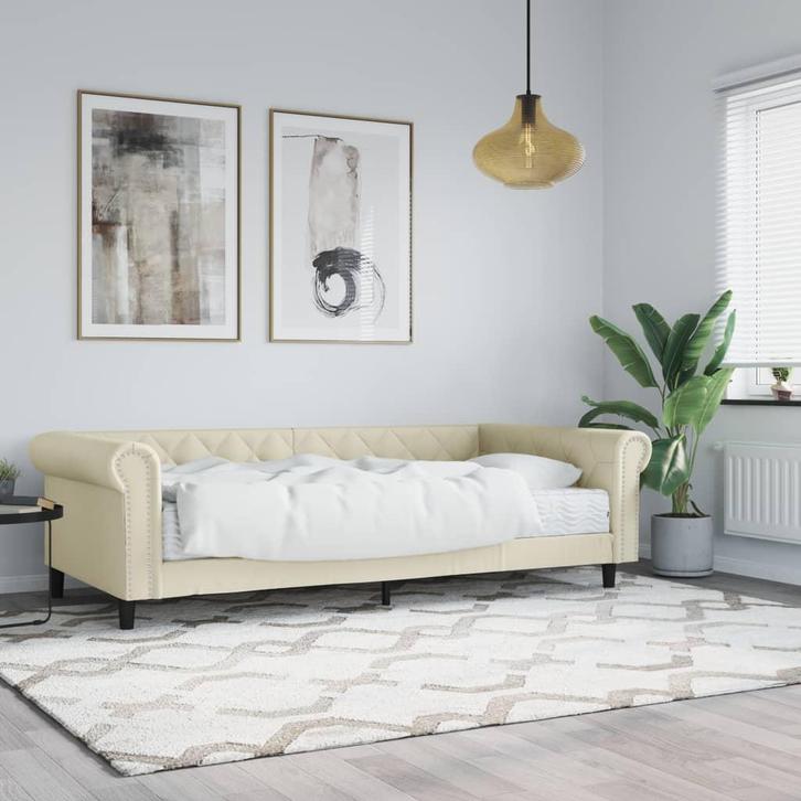 vidaXL Slaapbank met matras 90x200 cm kunstleer crèmekleurig, Huis en Inrichting, Slaapkamer | Bedden, 90 cm, 200 cm, Crème, Eenpersoons