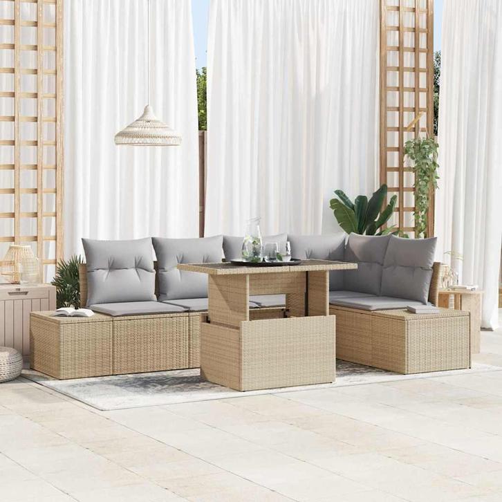 vidaXL Tuin Sofa Set met opslag 6 pcs Beige Poly riet, Tuin en Terras, Tuinsets en Loungesets, Nieuw, Rotan, Verzenden