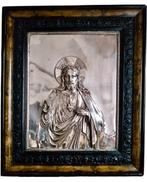 Reliëf, Sagrado corazón de Jesús - 50 cm - Hout, Verzilverd