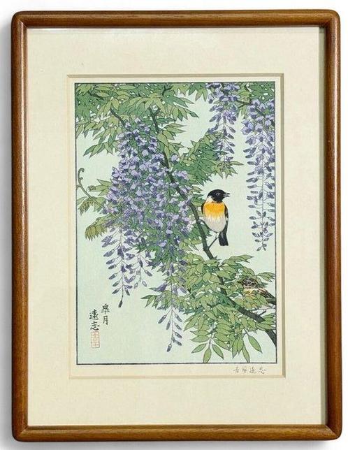 Mei (Satsuki) - Wisteria en Steenuil - houtsnede - Toshi, Antiek en Kunst, Antiek | Overige Antiek