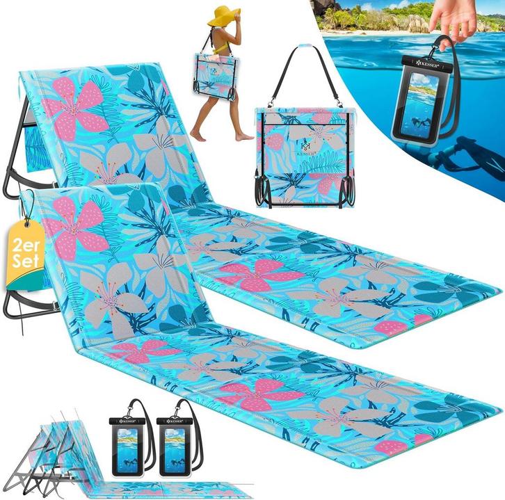 Strandmat met rugleuning - Opvouwbaar - 2 Stuks - Blauw - KE, Caravans en Kamperen, Kampeeraccessoires, Zo goed als nieuw, Verzenden