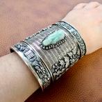Zilveren brede Aziatische armband; Bohemian stijl | ca. Ø.., Met edelsteen, Gebruikt, Ophalen of Verzenden, Zilver