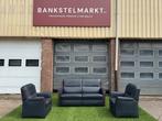 Bankstel SENIOREN Mecam blauwe leer 2,5 zit bank+2 fauteuils, Zo goed als nieuw, Rechte bank, Leer, Senioren
