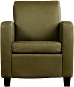 Olijfgroene leren landelijke fauteuil - poot hout zwart - Ra, Huis en Inrichting, Fauteuils, Nieuw, Ophalen of Verzenden, Landelijk