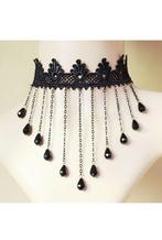 Choker Zwart Kant met Kettinkjes en Kraaltjes 1 Kanten Zwart, Kunststof, Verstelbaar, Zwart, Nieuw