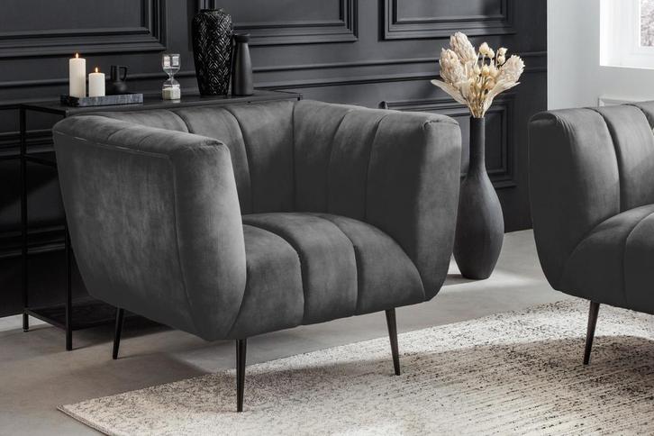 Retro fauteuil NOBLESSE 105cm grijs fluweel zwart metalen, Huis en Inrichting, Fauteuils, Ophalen of Verzenden
