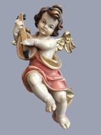 Snijwerk, Holzfigur - farbiger Engel mit Mandoline -, Antiek en Kunst